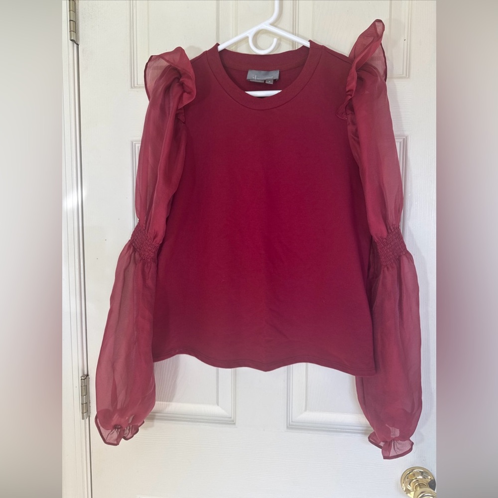 ANTHROPOLOGIE Women’s Maroon Top Size Medium Puff Sleeves Holiday Top